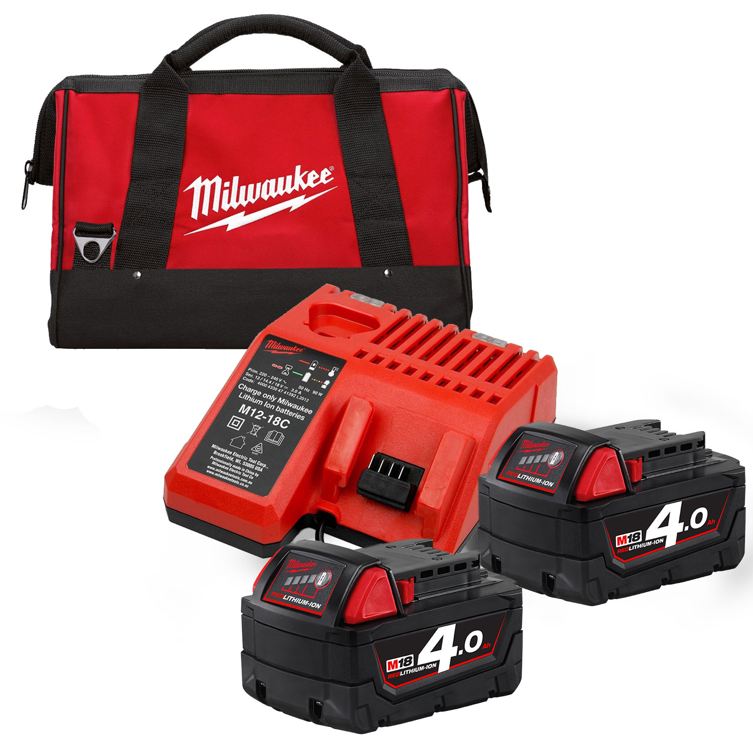 34324-milwaukee-m18nrg Milwaukee M18NRG 2 x 18V 4.0Ah Batteries, Charger & Bag Kit