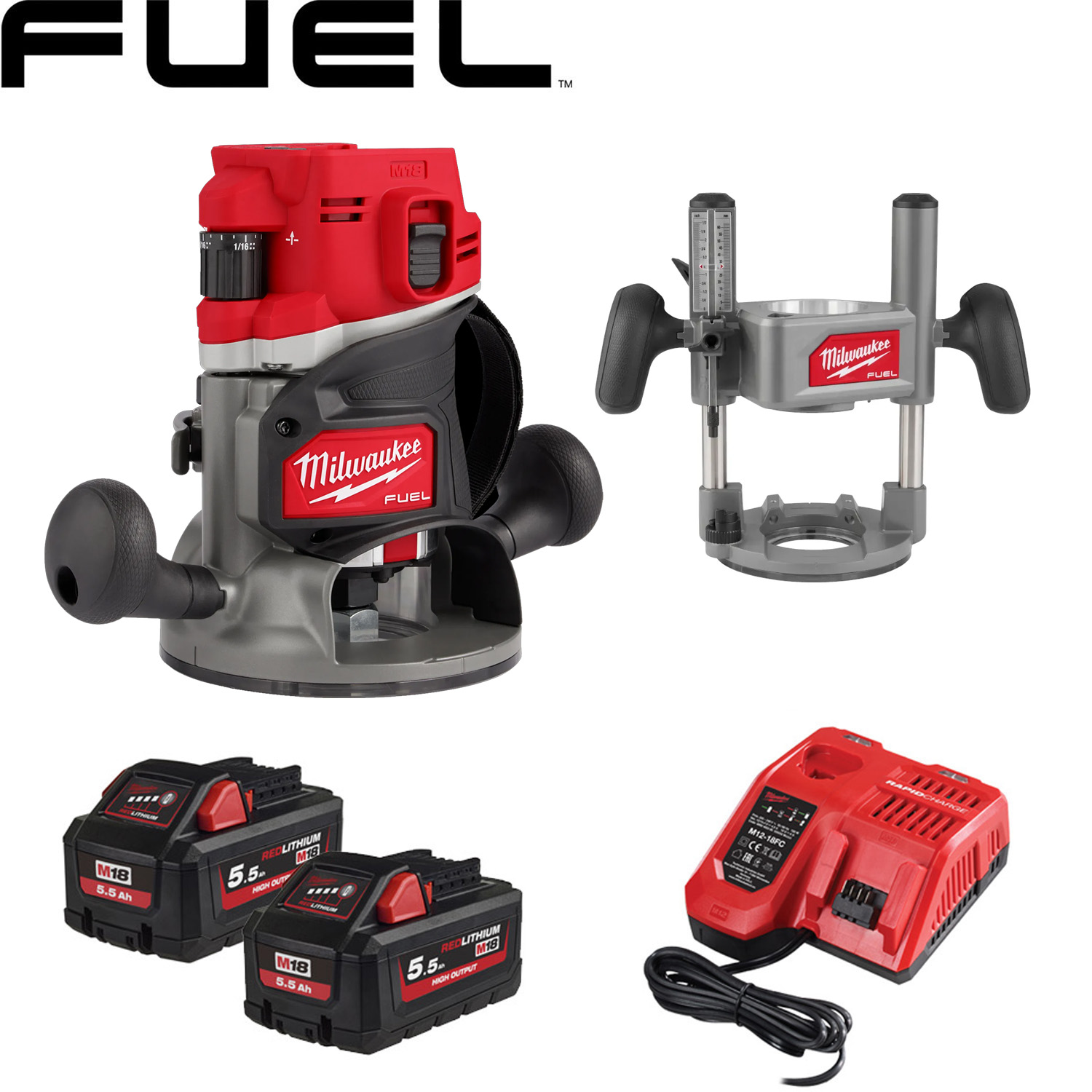 Milwaukee M18FR12 18V 1/2” Plunge Router c/w 2 x 5.5Ah Batts Protrade