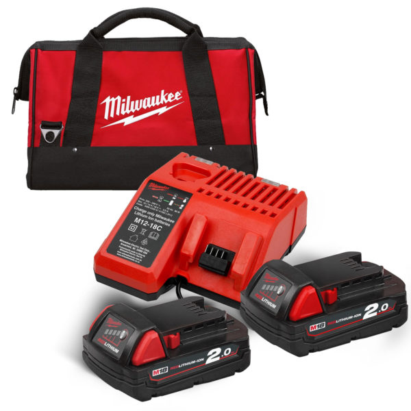 Milwaukee M18NRG 2 X 18v 2.0Ah Batteries, Charger & Bag Kit