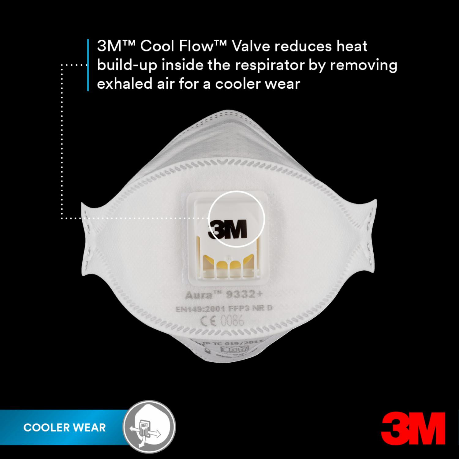 73244-3m-aura-9332-4 3M Aurora 9332 FFP 3 mask detail about the the one way breathing valve