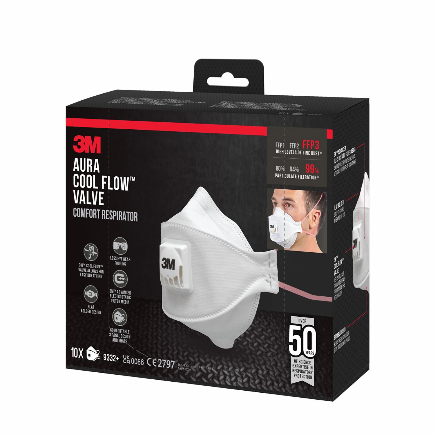 73244-3m-aura-9332-5 3M Aurora 9332 FFP 3 mask packaging photograph