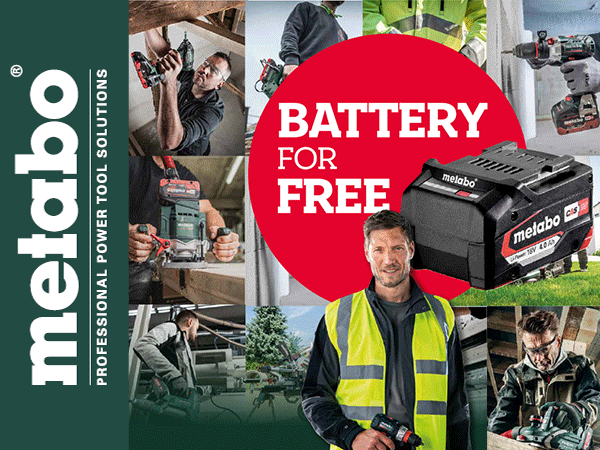 Metabo Redemption tile, showing a red circle with with words Battery for Free inside.