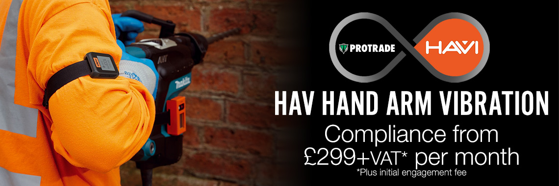 Hand Arm Vibration compliance testing banner, with a workman using a hammer drill with an arm monitoring device. The caption reads HAV HAND ARM VIBRATION Compliance from £299+VAT* per month