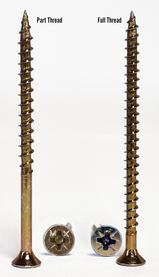 Picture showing the difference between a full and a part threaded woodscrew 
